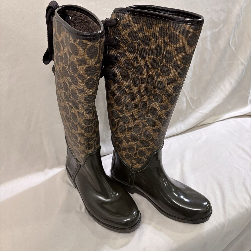 Coach Tristee Rain Boots Size 6 Brown Monogram Signature Print Lace Up Classic